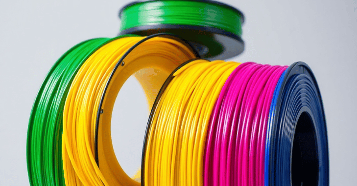 PLA filament spools displayed in a range of colors