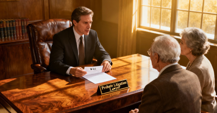 Probate court documents and estate records on a table